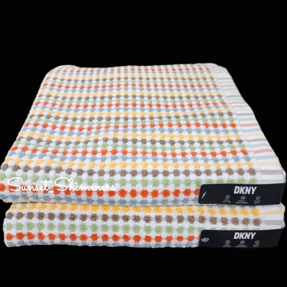 2pc DKNY Multicolored Rainbow Gingham Check Bath Towel Set NEW - Picture 1 of 5